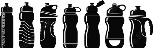 Water bottle silhouettes, ergonomic design, plastic container, hydration gear, sports accessory, fitness bottle, reusable, grip texture, cap styles, handle shapes