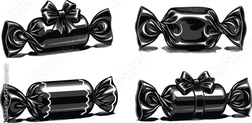 wrapped candy illustration, festive sweets, dark background, glossy texture, stylized design, confectionery art, decorative bows, holiday treat, packaging concept