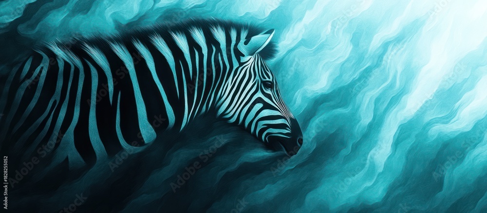 Fototapeta premium Zebra portrait, teal waves background, artistic