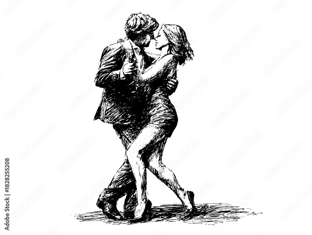 Fototapeta premium Man and woman are dancing closely. They are dressed in elegant clothes.