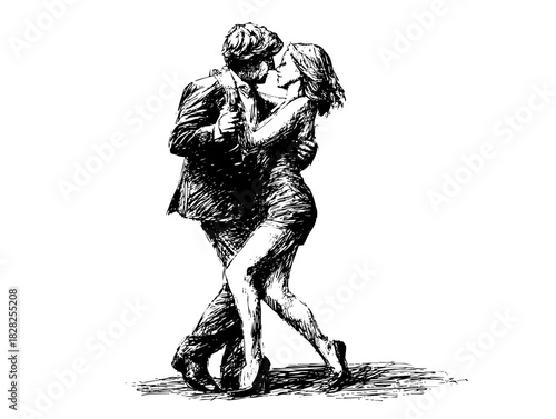Man and woman are dancing closely. They are dressed in elegant clothes.