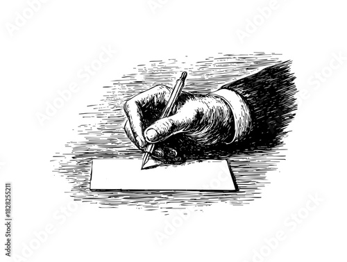 Hand is writing on paper with pen. The drawing is vintage style.