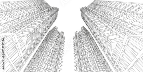 Futuristic Architecture, Perspective View, Skyscraper, Urban Design, Blueprint, Modern Construction Graphic.