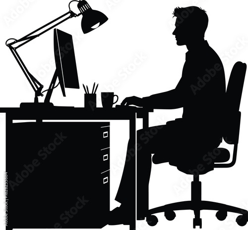 Office Job, Freelancer, Late Night Work, Remote Professional, Concentration, Desktop PC, Vector Graphic.