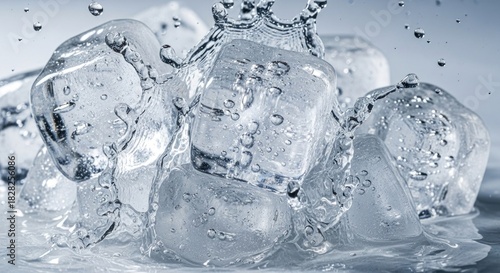 Ice cubes with splash of water creating a refreshing and cool atmosphere perfect for drinks and
