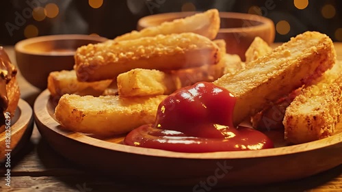 Delicious golden-brown fries and crispy potato wedges, served with a vibrant red ketchup dollop on a rustic wooden plate, creating a comforting and appetizing snack