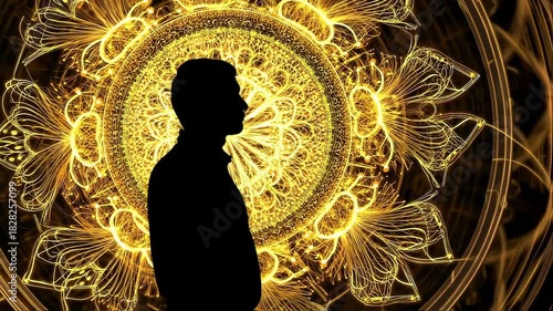 Silhouette of a person against a complex, glowing golden mandala-like design
