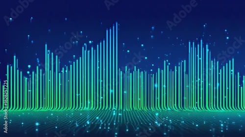 Abstract digital illustration with green and blue lines, forming a waveform. Sparkles present