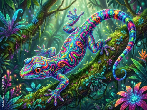 Wallpaper Mural Vibrant psychedelic gecko with intricate patterns on a tree branch in a magical, glowing jungle environment. Torontodigital.ca