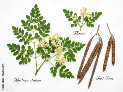 Close-up of Moringa oleifera plant parts, including leaves, flowers, and seed pods, on white background.