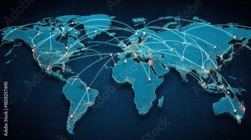 Global digital connections show lines of communication and data exchange across continents and countries worldwide