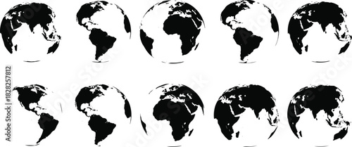 Black and white vector set of ten Earth globes illustrating world rotation, showing all major continents for themes of connectivity, travel, and global reach communications