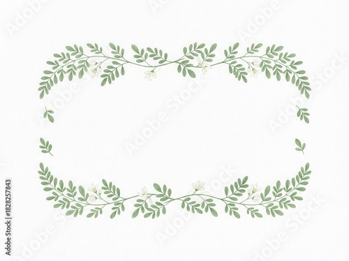 Elegant floral frame with green leaves and delicate white flowers on a white background.
