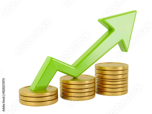 Green arrow pointing up resting on growing stacks of golden coins representing financial success isolated on transparent background