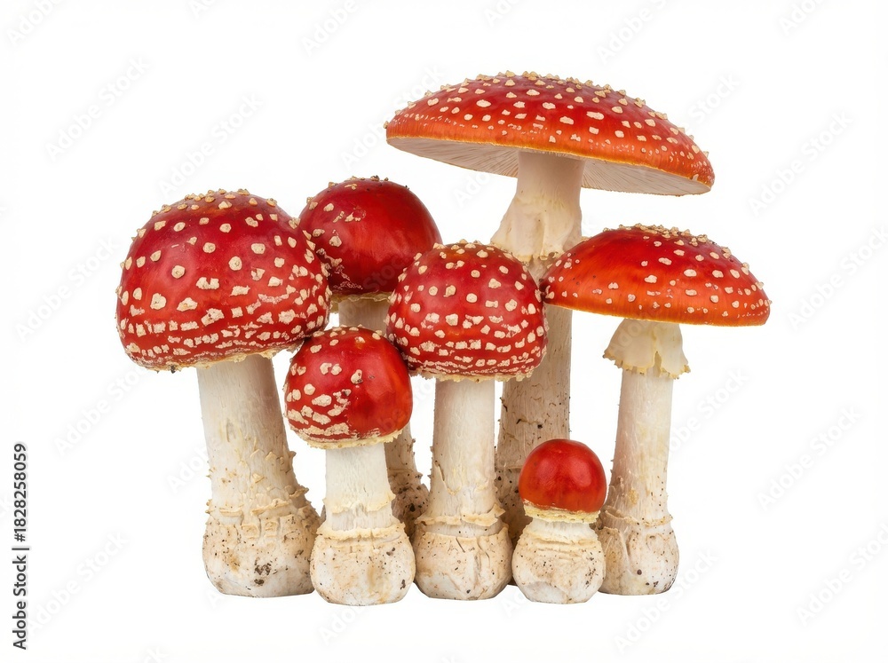 Obraz premium A close-up view of several vibrant red and white spotted mushrooms, showcasing their unique caps and stems.