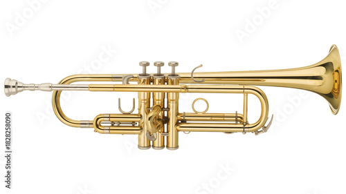 Shiny brass trumpet musical instrument with valves and mouthpiece for classical music isolated on transparent background