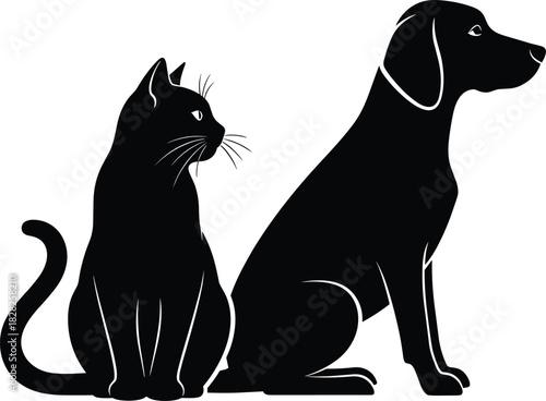 Black silhouette of a domestic cat and dog sitting side by side, loyal pets friends concept vector illustration, feline and canine animals graphic icon design.