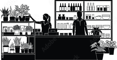 Black silhouette of a small business shop interior, cashier counter with employee, merchandise shelves, bottles, bowls, and many potted houseplants vector illustration.