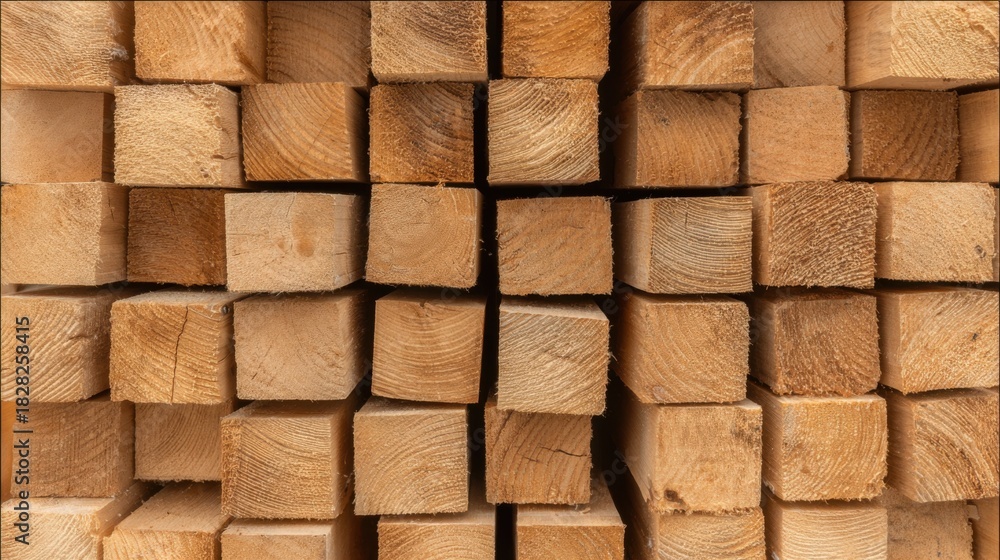Fototapeta premium Stacked wooden beams showcasing various textures and shades in a construction yard during daylight hours