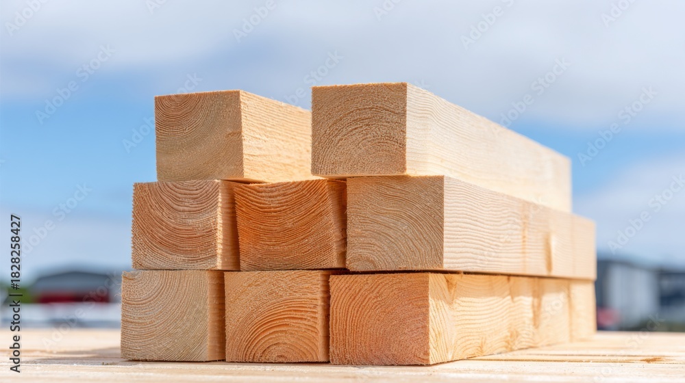 Fototapeta premium Stacked wooden planks under a clear blue sky at a construction site in the afternoon