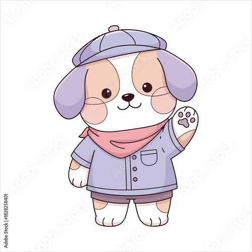 Cute cartoon puppy character in a delightful outfit, cheerfully waving, embodying warmth and friendly greeting