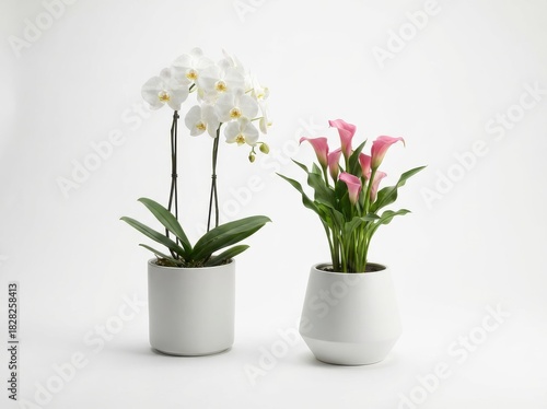 Wallpaper Mural Two potted plants, one with white orchids and the other with pink calla lilies, against a white background. Torontodigital.ca