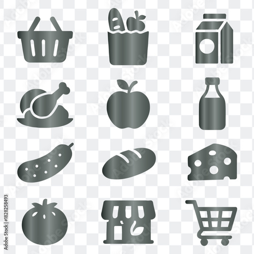 Grocery Food Items and Shopping Icons Set, Featuring Fruits, Vegetables, Cans, Jars, Baskets, Bread, and Meats
