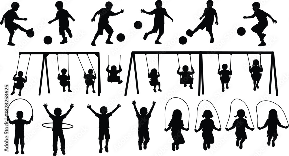Naklejka premium Children, silhouette, playground, soccer, swing, hula hoop, skipping, active kids, outdoor play, fun, movement, energy, black, vector, icon, childhood, recreation, sports, jumping, fitness