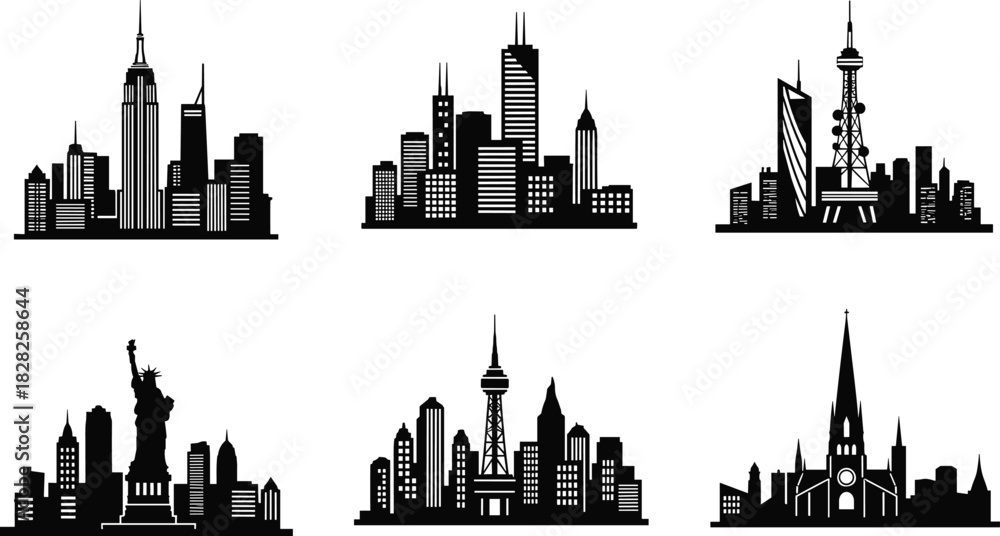 Naklejka premium City skylines silhouette, iconic landmarks, urban architecture, global destinations, travel concept, famous buildings, skyline art, tourism, vector illustration, black blue