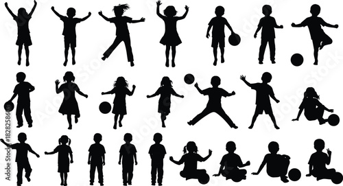 Children silhouette, playful kids, jumping child, dancing pose, active youth, childhood movement, black figure, energetic play, fun activity, sports action