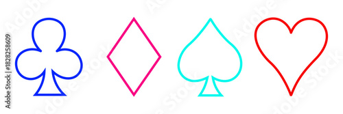 Set of minimalist playing card suits icons with transparent background, depicting clubs, diamonds, spades, hearts for casino, gaming, and graphic design projects, vector illustration
