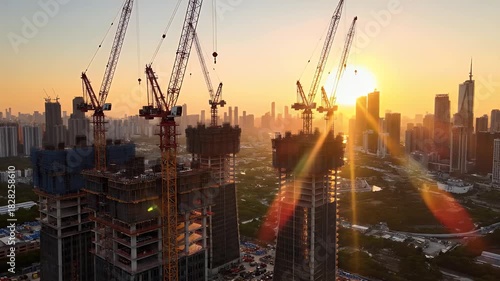 Skyscrapers under construction at sunset with cranes in the foreground and a city skyline in the background