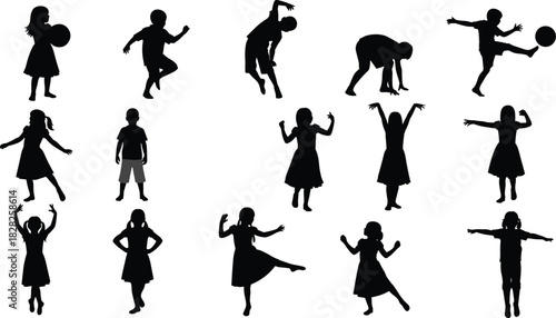 Children silhouette, playful poses, expressive movement, dancing kids, jumping figures, active lifestyle, childhood joy, body language, dynamic energy, outdoor fun