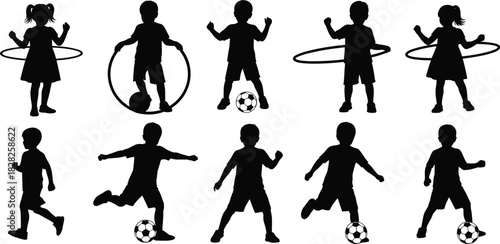 Children, silhouettes, hula hoop, soccer, boys, girls, active, playtime, exercise, teamwork, fun, fitness, outdoor, sport, motion, energy, youth, healthy, lifestyle, activity
