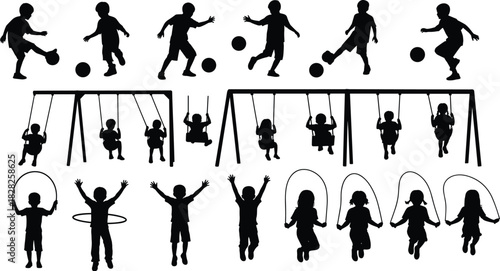 Children, silhouette, playground, soccer, swing, hula hoop, skipping, active kids, outdoor play, fun, movement, energy, black, vector, icon, childhood, recreation, sports, jumping, fitness