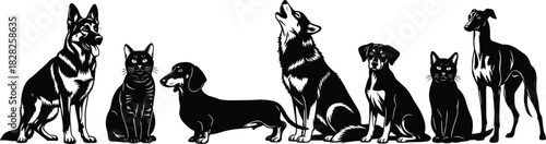 Dog and cat silhouette collection featuring multiple breeds sitting standing and howling in clean detailed black pet illustration for stock design