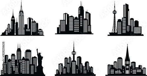 City skylines, silhouette illustration, iconic landmarks, global architecture, urban design, travel concept, famous buildings, skyline art, vector cityscape, tourism