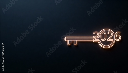 Glowing Neon Key Illustration with the Year 2026 on a Dark Background for Creative Concepts