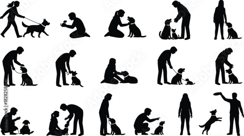 Dog and human silhouette interaction, pet care activities, walking, playing, training, companionship, black vector icons, animal bond illustration, minimal design