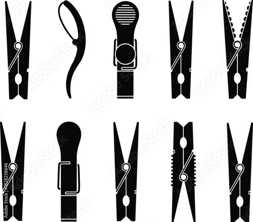 Clothespin silhouette collection, black clip icons, abstract peg shapes, minimalist laundry tools, modern design, household item, creative concept