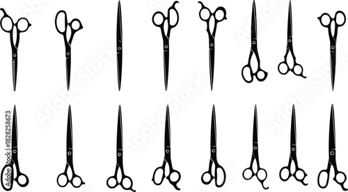 collection of professional scissors, hair cutting tools, barber equipment, thinning shears, grooming accessories, stylist gear, sharp blades, salon essentials