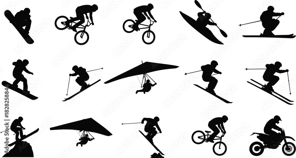 Fototapeta premium Extreme sports silhouettes, motion vector concept, dynamic outdoor activities, physics education, force direction arrows, action sports illustration, adventure energy