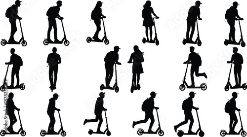 Electric scooter silhouette, urban mobility, city transport, eco commuting, modern lifestyle, diverse riders, black figures, standing pose, motion, backpack, skirt, cap, youth travel, green energy