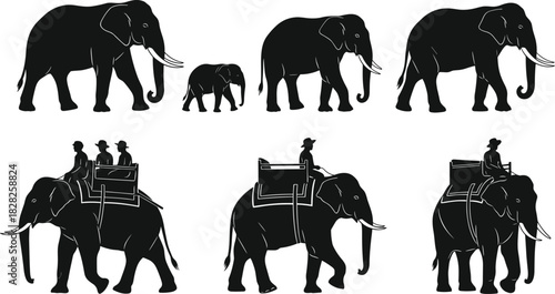 Elephant silhouettes, walking elephants, elephant riders, wildlife illustration, safari animals, black silhouettes 