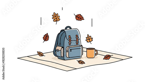 Autumn backpack and coffee break illustration for fall season travel and outdoor adventure planning trip