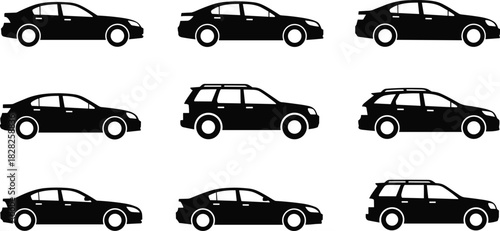 Black Silhouette Modern Sedan and Station Wagon Car Vector Icon Set, Minimalist Automobile Collection: Side View Transportation Clipart