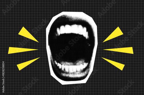 Halftone screaming mouth with doodle elements.Halftone collage with  screaming mouth 