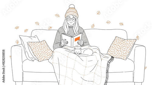 Cozy autumn reading scene girl with cat on couch under blanket surrounded by falling leaves illustration