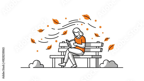 Woman reading book on park bench in autumn with falling leaves vector illustration for relaxation scene