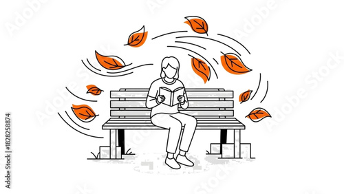 Woman reading book on bench in autumn park with falling leaves vector illustration stock illustration